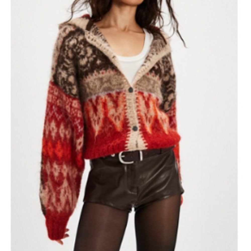 In search of Free People Red and Brown Knit Cardigan